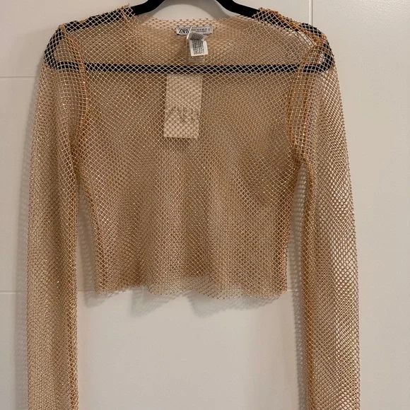 Zara Chain link Sparkle Mesh Long-Sleeve Crop Top - Iridescent - M - Picture 1 of 5